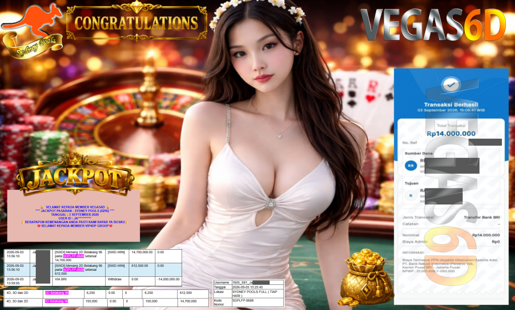VEGAS6D JACKPOT PASARAN ” SYDNEY POOLS (0296) ” Rp14.000.000,- LUNAS