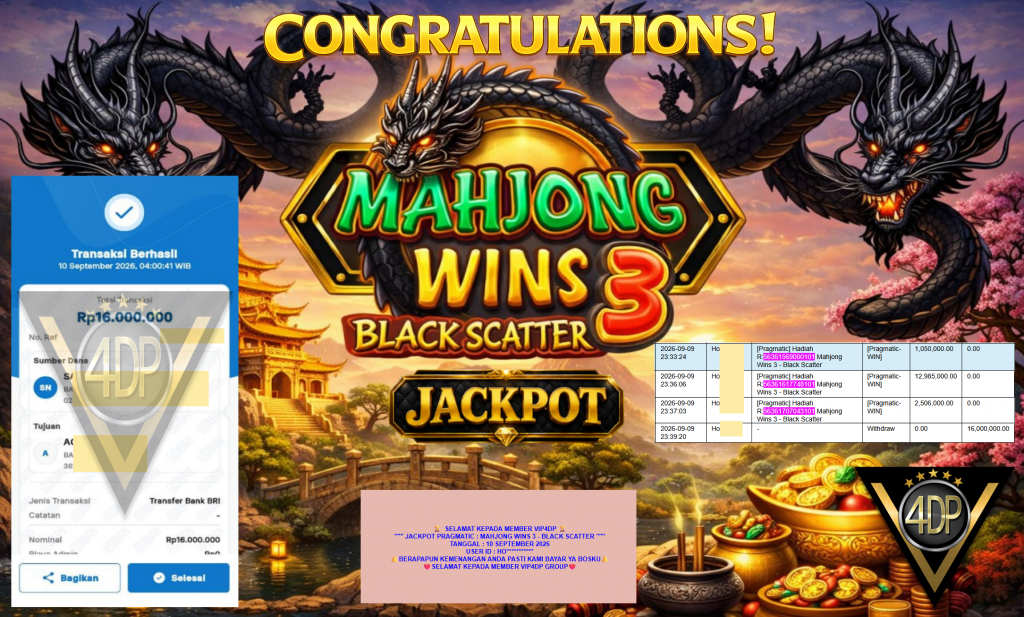 VIP4DP JACKPOT PRAGMATIC ” MAHJONG WINS 3 – BLACK SCATTER ” Rp16.000.000,- LUNAS