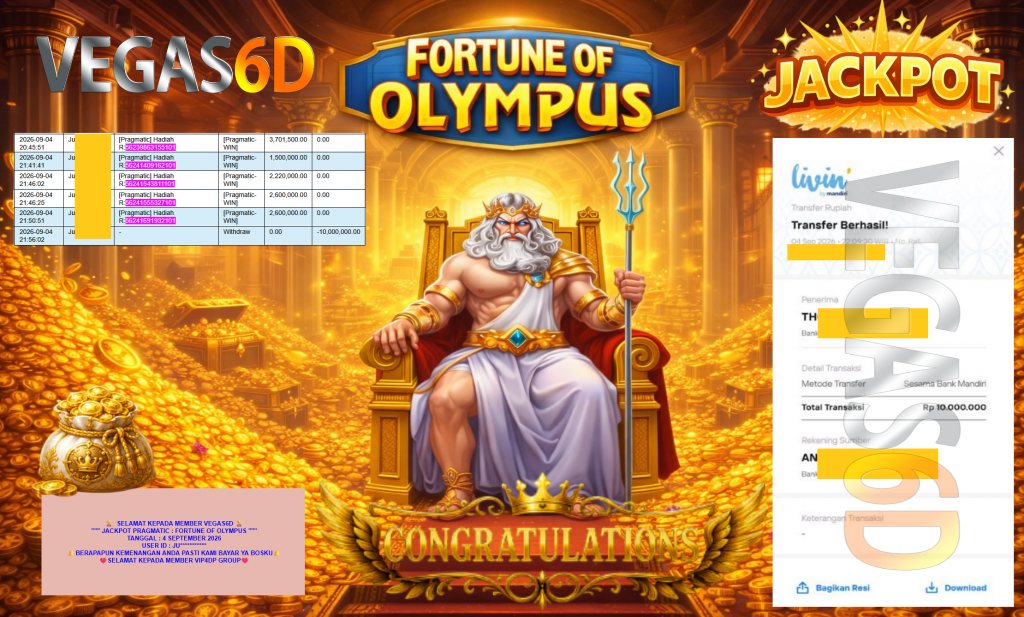 VEGAS6D JACKPOT PRAGMATIC ” FORTUNE OF OLYMPUS ” Rp10.000.000,- LUNAS