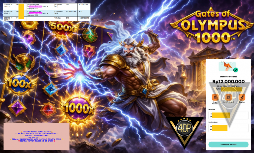 VIP4DP JACKPOT PRAGMATIC ” GATES OF OLYMPUS 1000 ” Rp12.000.000,- LUNAS