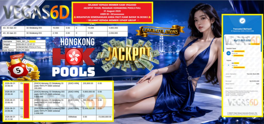 VEGAS6D JACKPOT TOGEL PASARAN HONGKONG POOLS FULL Rp 13.000.000,- LUNAS