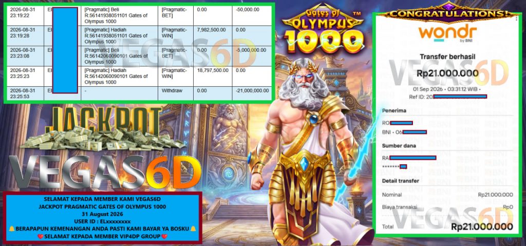 VEGAS6D JACKPOT PRAGMATIC GATES OF OLYMPUS 1000 Rp 21.000.000,- LUNAS