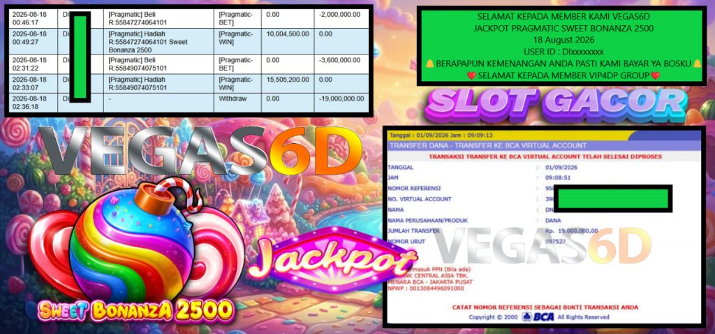 VEGAS6D JACKPOT PRAGMATIC SWEET BONANZA 2500 Rp 19.000.000,- LUNAS