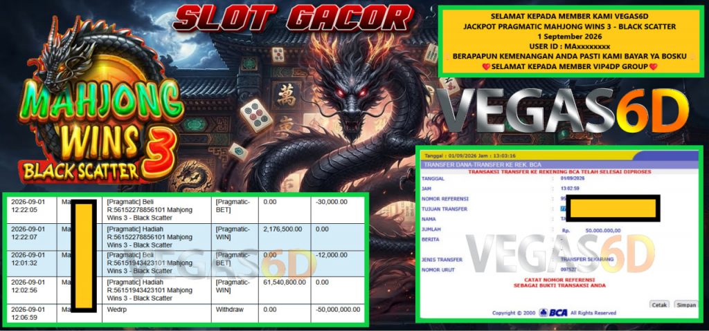VEGAS6D JACKPOT PRAGMATIC MAHJONG WINS 3 – BLACK SCATTER Rp 50.000.000,- LUNAS