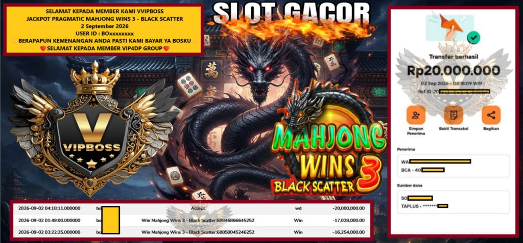 VVIPBOSS JACKPOT PRAGMATIC MAHJONG WINS 3 – BLACK SCATTER Rp 20.000.000,- LUNAS