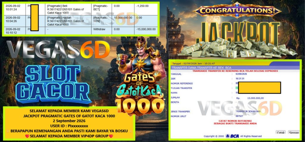 VEGAS6D JACKPOT PRAGMATIC GATES OF GATOT KACA 1000 Rp 15.000.000,- LUNAS