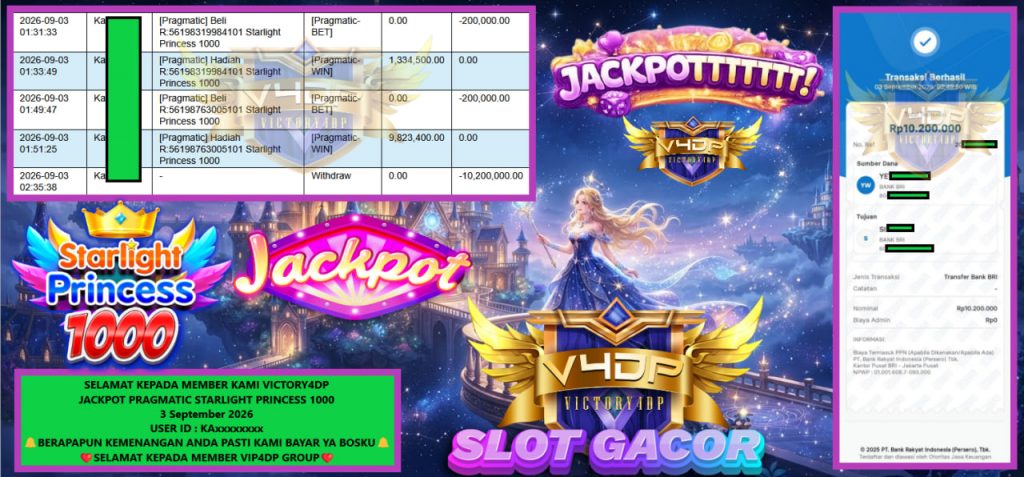 VICTORY4DP JACKPOT PRAGMATIC STARLIGHT PRINCESS 1000 Rp 10.200.000,- LUNAS