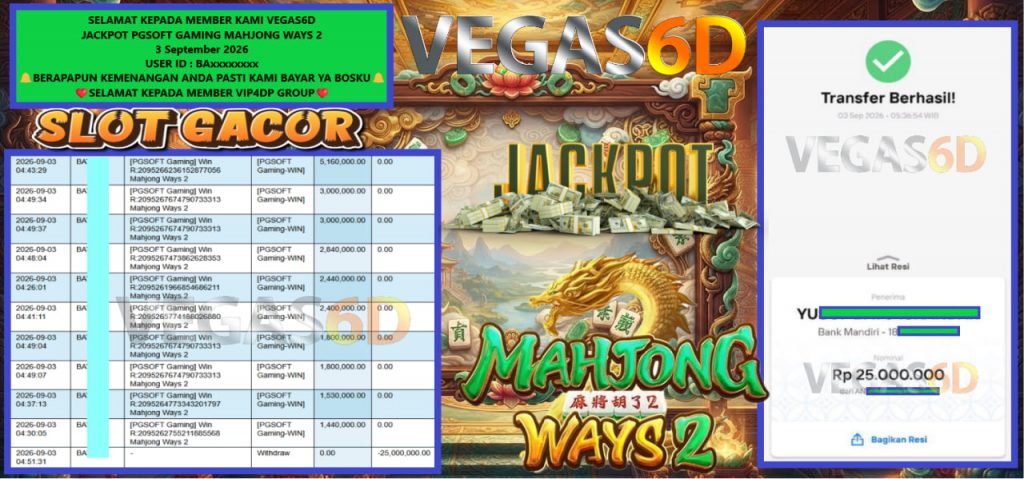 VEGAS6D JACKPOT PGSOFT GAMING MAHJONG WAYS 2 Rp 25.000.000,- LUNAS