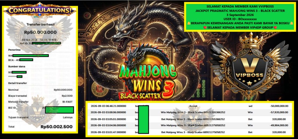 VVIPBOSS JACKPOT PRAGMATIC MAHJONG WINS 3 – BLACK SCATTER Rp 50.000.000,- LUNAS