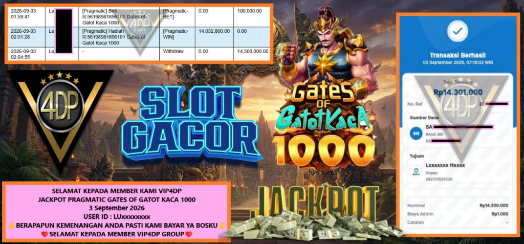VIP4DP JACKPOT PRAGMATIC GATES OF GATOT KACA 1000 Rp 14.300.000,- LUNAS