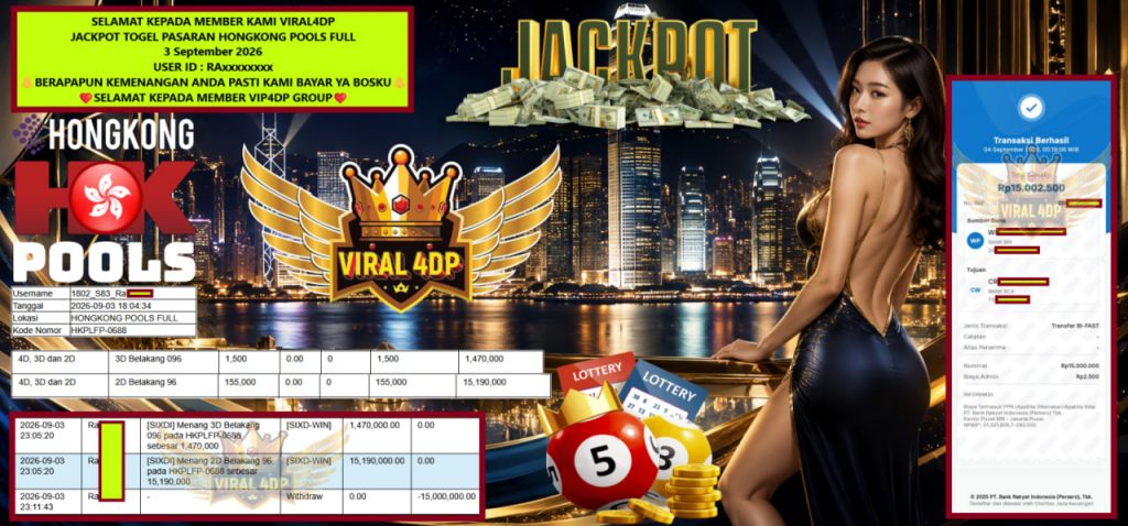 VIRAL4DP JACKPOT TOGEL PASARAN HONGKONG POOLS FULL Rp 15.000.000,- LUNAS