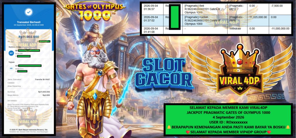 VIRAL4DP JACKPOT PRAGMATIC GATES OF OLYMPUS 1000 Rp 11.000.000,- LUNAS