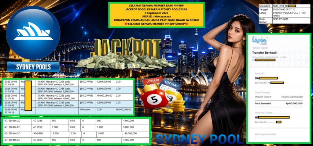 VIP4DP JACKPOT TOGEL PASARAN SYDNEY POOLS FULL Rp 50.000.000,- LUNAS