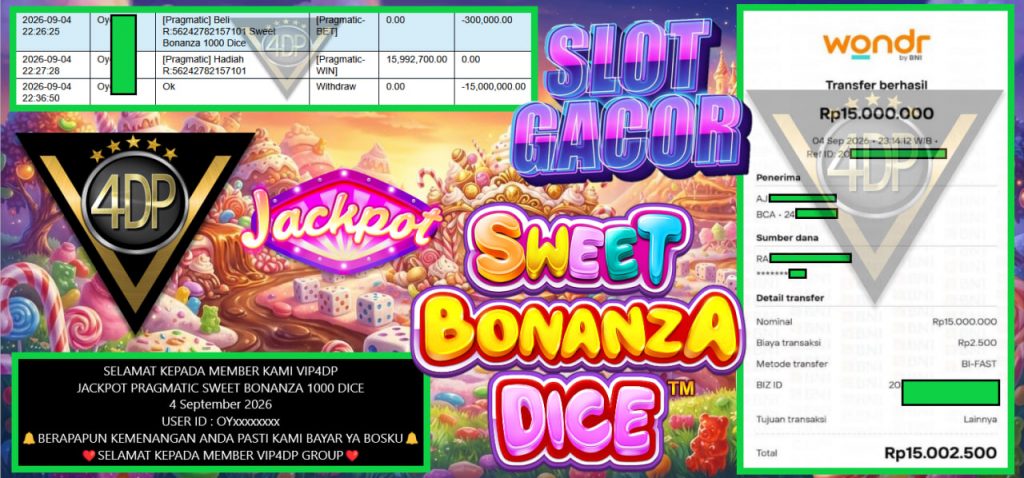 VIP4DP JACKPOT PRAGMATIC SWEET BONANZA 1000 DICE Rp 15.000.000,- LUNAS