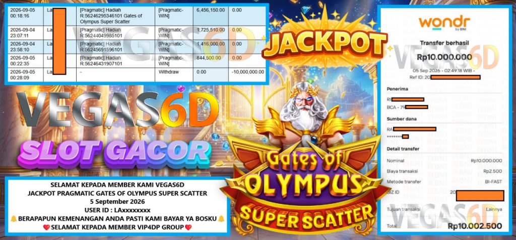 VEGAS6D JACKPOT PRAGMATIC GATES OF OLYMPUS SUPER SCATTER Rp 10.000.000,- LUNAS