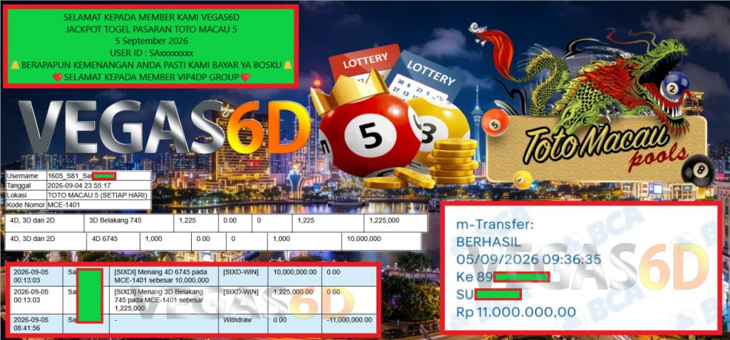 VEGAS6D JACKPOT TOGEL PASARAN TOTO MACAU 5 Rp 11.000.000,- LUNAS