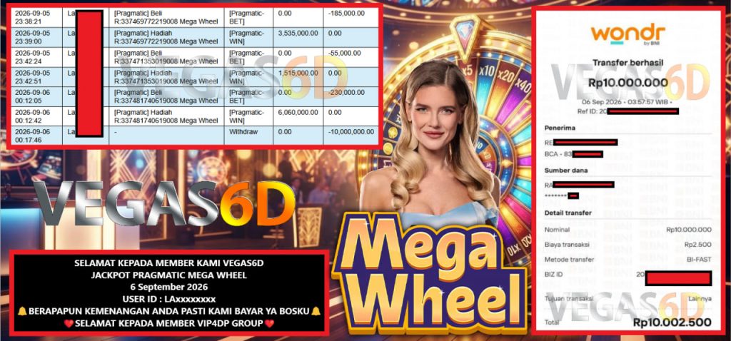 VEGAS6D JACKPOT PRAGMATIC MEGA WHEEL Rp 10.000.000,- LUNAS