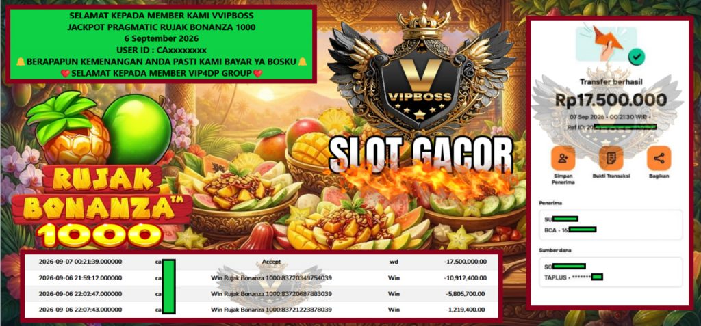 VVIPBOSS JACKPOT PRAGMATIC RUJAK BONANZA 1000 Rp 17.500.000,- LUNAS