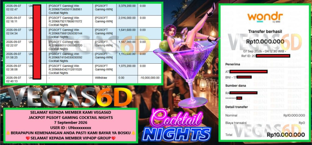 VEGAS6D JACKPOT PGSOFT GAMING COCKTAIL NIGHTS Rp 10.000.000,- LUNAS
