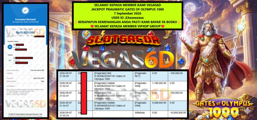 VEGAS6D JACKPOT PRAGMATIC GATES OF OLYMPUS 1000 Rp 10.000.000,- LUNAS