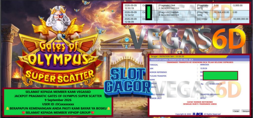 VEGAS6D JACKPOT PRAGMATIC GATES OF OLYMPUS SUPER SCATTER Rp 10.000.000,- LUNAS