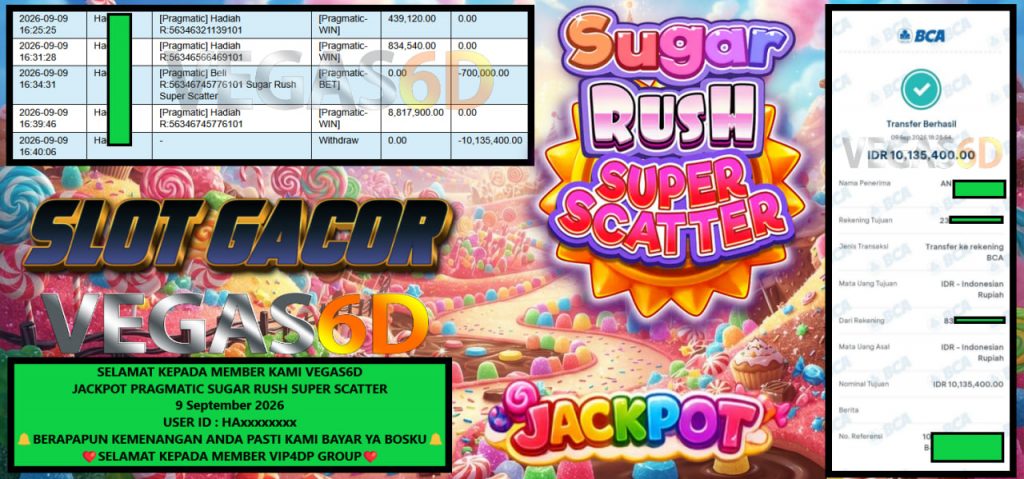 VEGAS6D JACKPOT PRAGMATIC SUGAR RUSH SUPER SCATTER Rp 10.135.400,- LUNAS