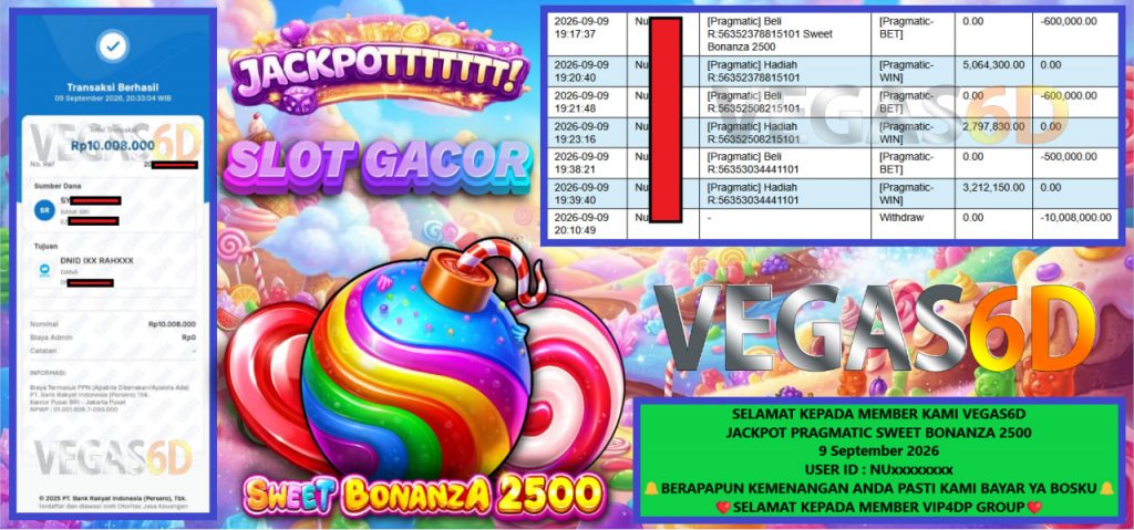 VEGAS6D JACKPOT PRAGMATIC SWEET BONANZA 2500 Rp 10.008.000,- LUNAS