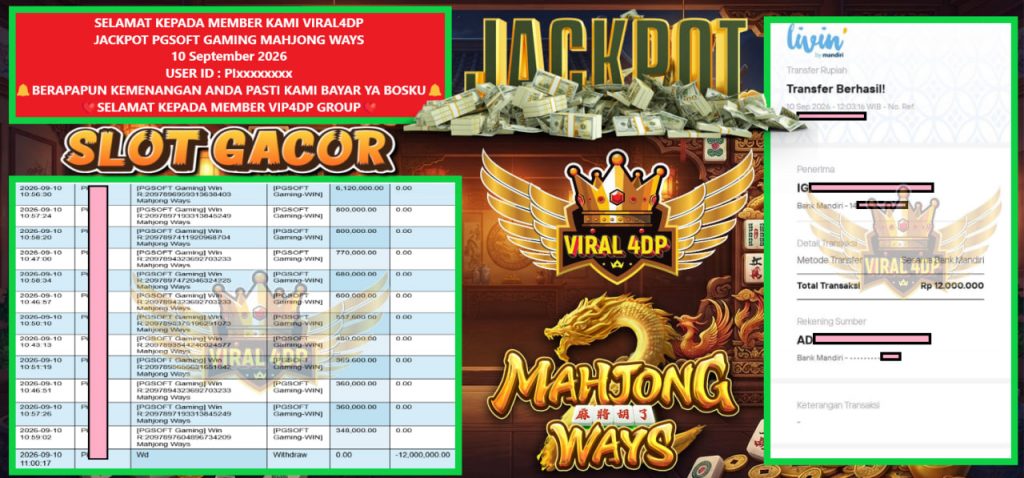 VIRAL4DP JACKPOT PGSOFT GAMING MAHJONG WAYS Rp 12.000.000,- LUNAS