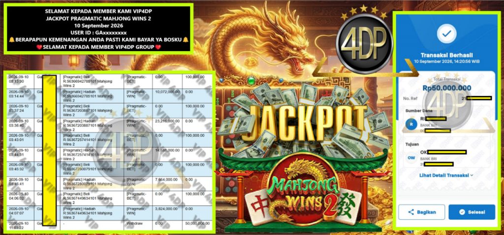VIP4DP JACKPOT PRAGMATIC MAHJONG WINS 2 Rp 50.000.000,- LUNAS