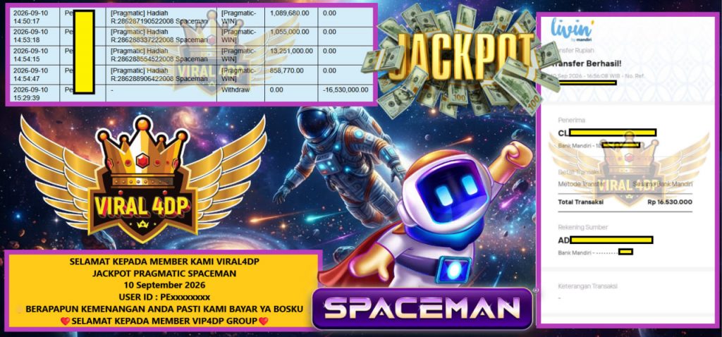 VIRAL4DP JACKPOT PRAGMATIC SPACEMAN Rp 16.530.000,- LUNAS