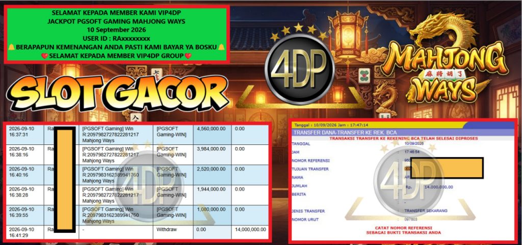 VIP4DP JACKPOT PGSOFT GAMING MAHJONG WAYS Rp 14.000.000,- LUNAS