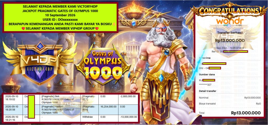 VICTORY4DP JACKPOT PRAGMATIC GATES OF OLYMPUS 1000 Rp 13.000.000,- LUNAS